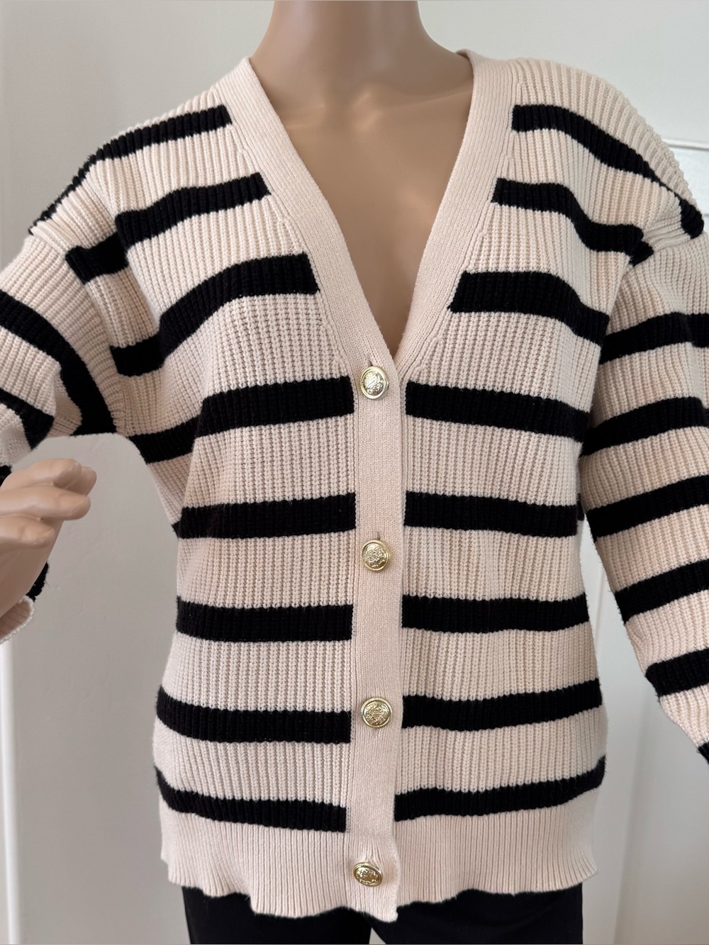 Primark Striped V-Neck Button Cardigan Sweater - Cream & Black